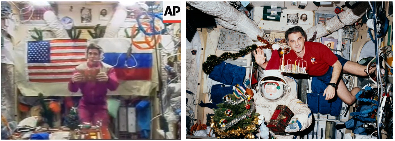 Left: Video of Mir Expedition 22 flight engineer and NASA astronaut John E. Blaha’s 1996 Christmas message from Mir. Right: Mir Expedition 24 flight engineer and NASA astronaut David A. Wolf with his menorah and dreidel to celebrate Hanukkah in 1997. Credits: NASA