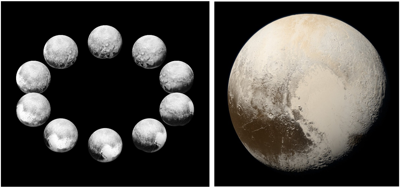 Left: A composite of New Horizons images taken during the final week before its close encounter to show all sides of Pluto. Right: A true-color image of Pluto from 22,025 miles away during the approach. Credits: NASA/Johns Hopkins University Applied Physics Laboratory/Southwest Research Institute