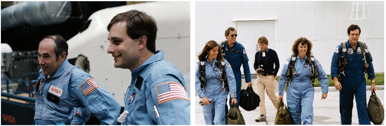 Left: Hughes Corporation payload specialists Jarvis and L. William Butterworth during their training for the STS-51D mission. Right: Morgan, left, Smith, McAuliffe, and Scobee prepare to board T-38 Talon aircraft at Ellington Field in Houston. Credits: NASA