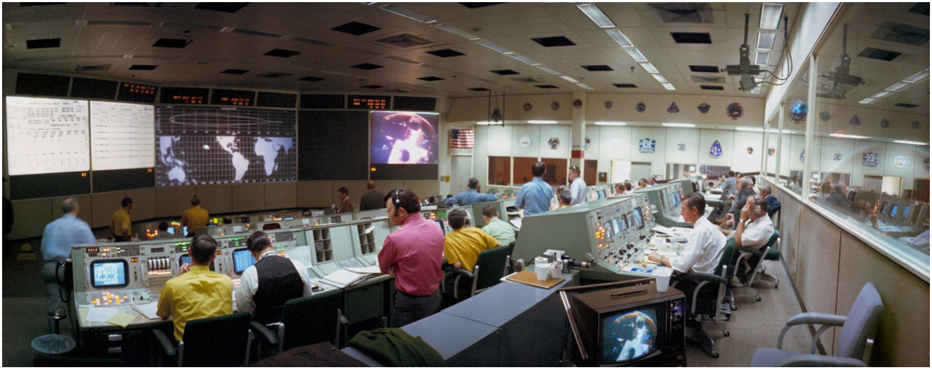 View of the MCC at the Manned Spacecraft Center, now NASA’s Johnson Space Center, during the Apollo 14 transposition and docking maneuver. Credits: NASA