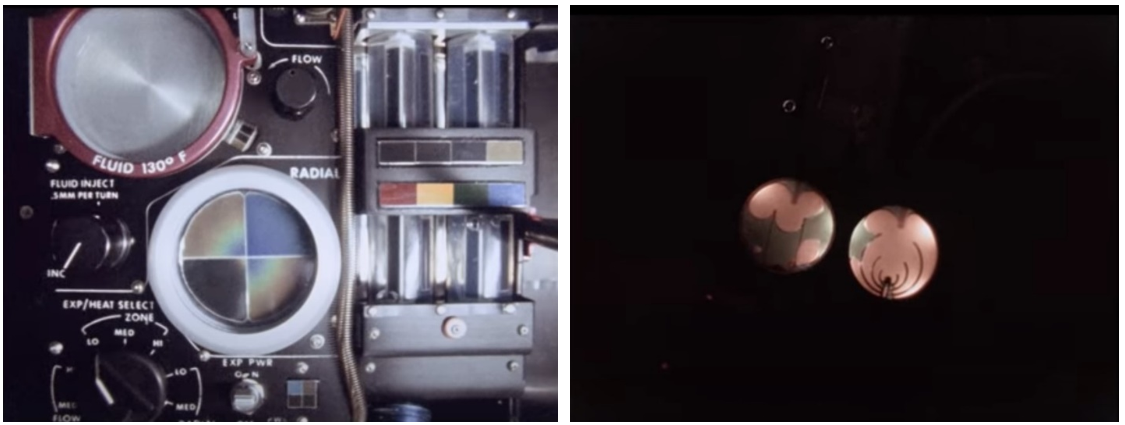 Left: The heat flow experiment conducted during Apollo 14’s return trip from the Moon. Right: The liquid transfer demonstration conducted during the trip back to Earth. Credits: NASA