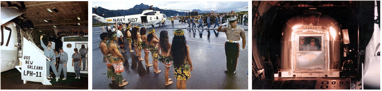 Left: Aboard the U.S.S. New Orleans, Apollo 14 astronauts Alan B. Shepard, left, Stuart B. Roosa (partially hidden behind Shepard), and Mitchell, along with Flight Surgeon Dr. William R. Carpentier and engineer Ralph Culbertson, prepare to board a helicopter for the flight to Pago Pago, American Samoa. Middle: At Pago Pago International Airport, Samoan dancers greet Carpentier, left, Culbertson, Roosa, Mitchell, and Shepard as they walk from the helicopter to the second MQF aboard a C-141 transport jet. Right: Roosa, left, Shepard, and Mitchell peer out of the MQF aboard the C-141 before their departure for Houston. Credits: NASA