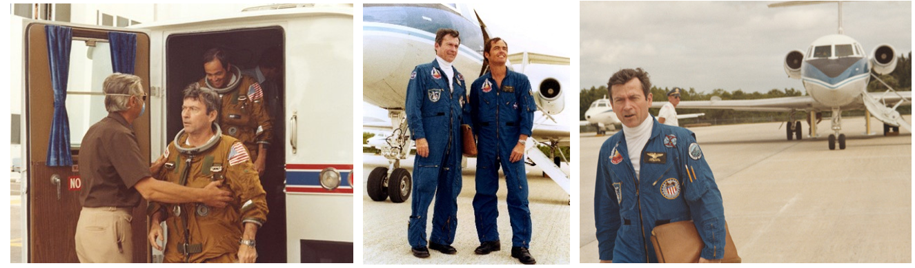 Left: Suit Technician Jim Schlosser greets STS-1 astronauts John W. Young, left, and Robert L. Crippen as they exit the astronaut van upon their return to the Operations and Checkout Building following the April 10, 1981, launch scrub. Middle: Young, left, and Crippen pose in front of the Shuttle Training Aircraft (STA) the day after the launch scrub. Right: Young leaving the STA, already thinking about the next day’s second launch attempt. Credits: NASA