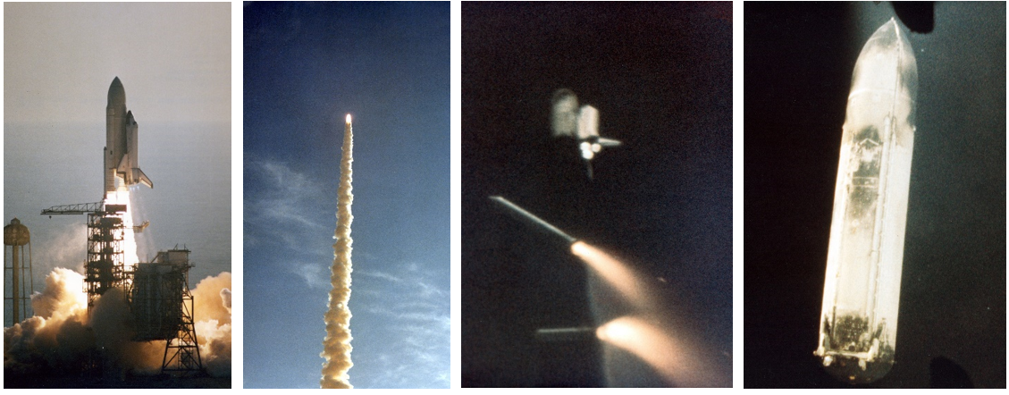Left: Space Shuttle Columbia clears the launch tower. Middle left: Leaving behind a long plume, Columbia continues to climb. Middle right: Long-range camera view of the separation of the two SRBs. Right: The ET following separation. Credits: NASA