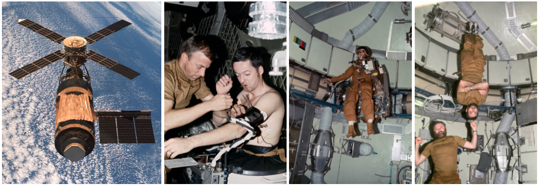 Left: Skylab 1, America’s first space station. Middle left: Skylab 2 astronaut Paul J. Weitz, left, assists Joseph P. Kerwin with a medical experiment aboard Skylab. Middle right: Skylab 3 astronaut Alan L. Bean tests an astronaut maneuvering unit inside Skylab. Right: Skylab 4 astronauts Gerald P. Carr, left, and William R. Pogue demonstrate weightlessness inside Skylab. Credits: NASA