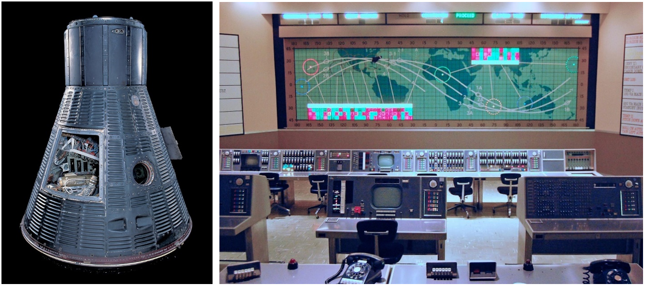 Left: The Freedom 7 capsule at the Smithsonian’s National Air and Space Museum Stephen F. Udvar-Hazy Center in Chantilly, Virginia. Right: A recreation of the Mercury Control Center at NASA Kennedy Space Center’s Visitor Complex. Credits: NASA