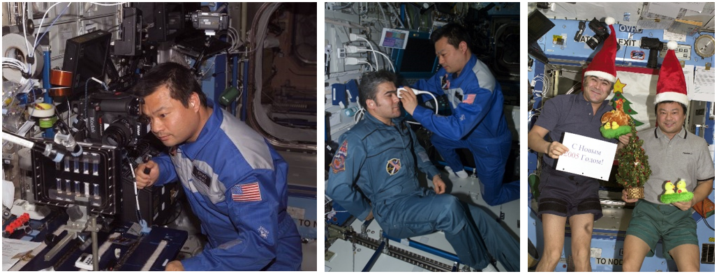 Left: NASA astronaut Leroy Chiao working on a colloid physics experiment in the Destiny module. Middle: Chiao, right, conducting an ultrasound examination on Russian cosmonaut Salizhan S. Sharipov. Right: Holiday season aboard the space station during Expedition 10. Credits: NASA