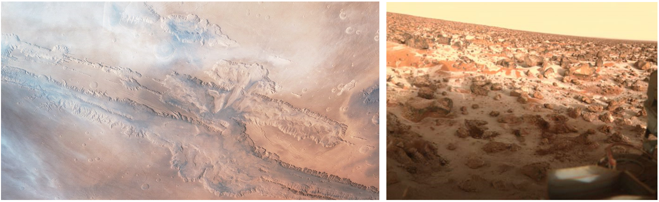 Left: Image of the Valles Marineris, the largest canyon in the solar system, taken by the Viking 1 orbiter. Right: View of surface frost at the Viking 2 landing site. Credits: NASA