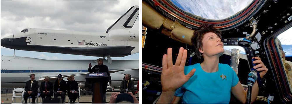 Left: Star Trek cast member Leonard Nimoy gives the Vulcan greeting in front of Space Shuttle Enterprise after its arrival in New York in 2012. Right: In 2015, in the space station’s Cupola module, Expedition 43 crew member Samantha Cristoforetti of ESA gives the Vulcan salute to honor the late actor Nimoy. Credits: NASA