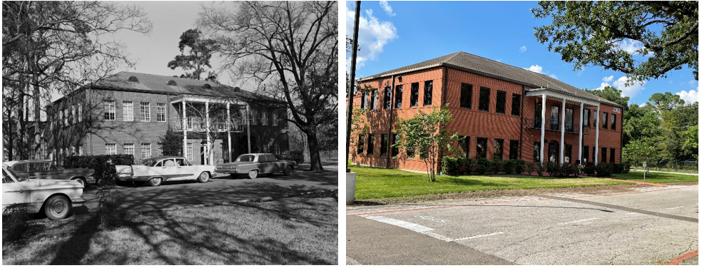 Left: The Lane-Wells Building (Site 4) at 2002 Wayside housed the Manned Spacecraft Center’s Life Sciences Division and contained facilities for testing spacesuits. Right: The same building in 2021, home of Christus St. Mary’s Clinic.