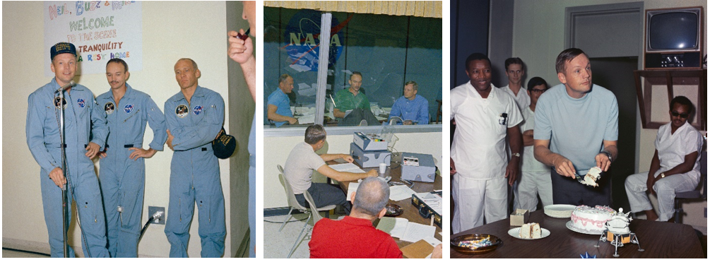 Left: Apollo 11 astronauts Neil A. Armstrong, left, Michael Collins, and Edwin E. “Buzz” Aldrin give short speeches upon their arrival in the CRA of the LRL. Middle: Aldrin, left, Collins, and Armstrong behind the glass partition during postflight debriefings in the LRL. Right: Armstrong celebrates his 39th birthday in the LRL. Credits: NASA