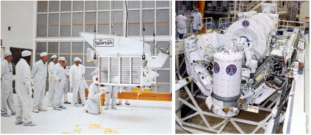 Left: The SPARTAN-203 (SPARTAN-Halley) free flyer during pre-flight testing before the STS-51L mission. Right: The Astro-1 payload prior to STS-35 in 1990 — the same suite of instruments planned for the canceled March 1986 STS-61E mission to observe Comet Halley. Credits: NASA