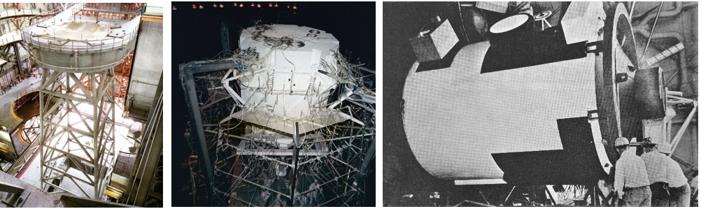 Left: In the Vehicle Assembly Building at Kennedy, workers construct the pedestal, or “milkstool,” used to launch the Saturn IB rockets from Launch Pad 39B during the Skylab program. Middle: A prototype of the Skylab Apollo Telescope Mount is placed in Chamber A of the Space Environment Simulation Laboratory in Building 32 at MSC. Right: A training model of the Skylab Multiple Docking Adapter arriving in MSC’s Building 5, the Mission Simulation and Training Facility. Credits: NASA