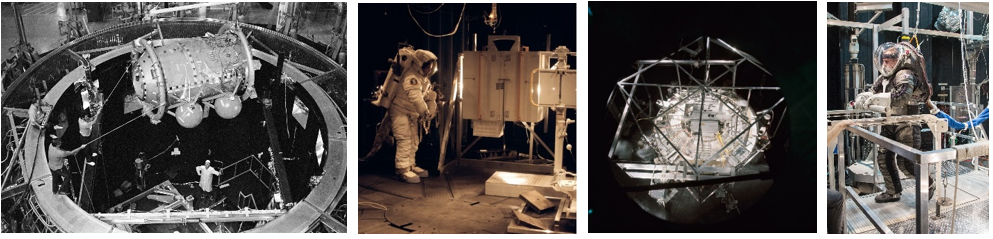 Left: The Docking Module for the Apollo-Soyuz Test Project undergoes thermo-vacuum testing in Chamber B in September 1974. Middle left: STS-41B astronaut Robert L. Stewart tests shuttle hardware in Chamber B in November 1983. Middle right: The Wake Shield Facility shuttle payload during thermo-vacuum testing in 1993, prior to its flight on STS-60. Right: In July 2016, a test subject evaluates a prototype future spacesuit in Chamber B. Credits: NASA