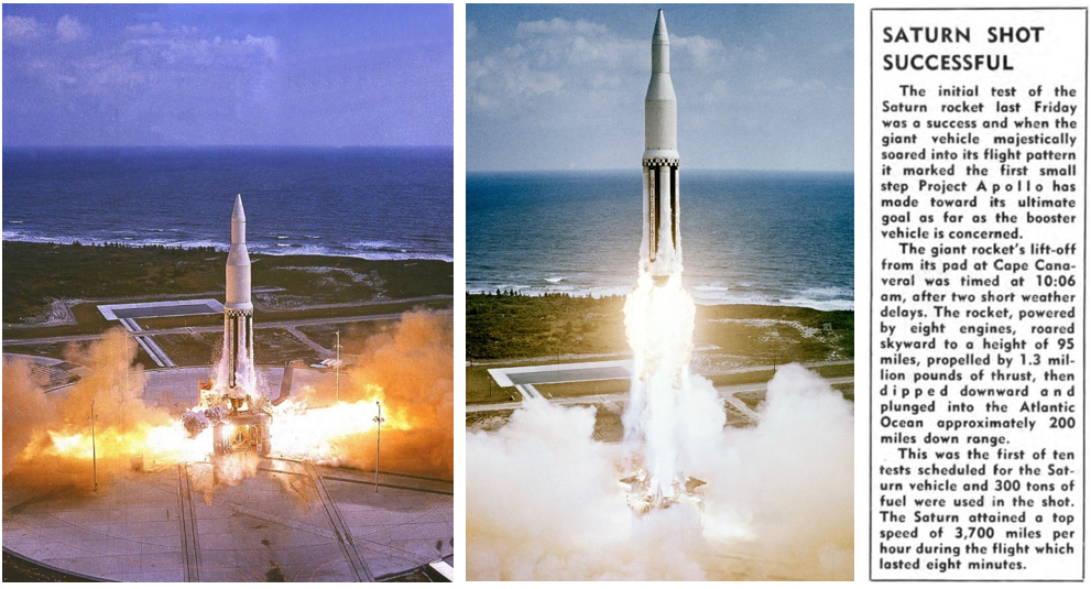 Left: Ignition of the first Saturn C-I booster’s eight H-1 engines at Launch Complex 34. Middle: The first Saturn C-I rocket lifts off on a pillar of flame. Right: An article about the first Saturn C-I launch in the Nov. 1, 1961, in the inaugural edition of the Space News Roundup, the newsletter of the Manned Spacecraft Center in Houston, now NASA’s Johnson Space Center. Credits: NASA