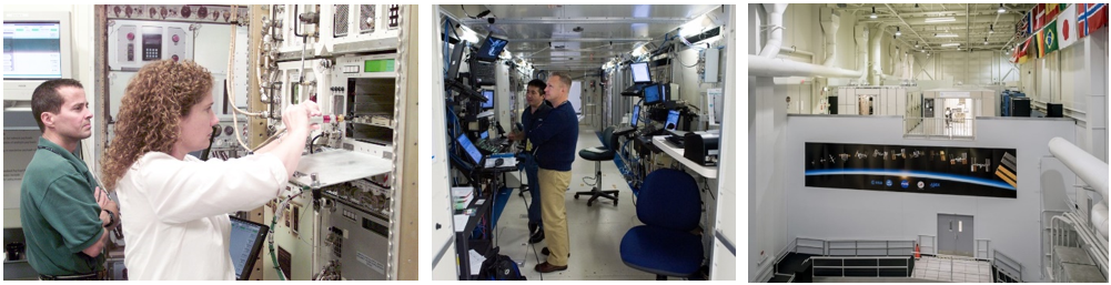 Left: International Space Station Expedition 2 flight engineer Susan J. Helms, right, training on an EXPRESS payload in the Space Station Training Facility (SSTF) in September 2000, as her backup Daniel W. Bursch looks on. Middle: Expedition 18/19/20 flight engineer Koichi Wakata of the Japan Aerospace Exploration Agency and STS-127 pilot Douglas G. Hurley, NASA astronaut, participate in a joint simulation using the shuttle Fixed Base Simulator and the SSTF in September 2009. Right: Overview of the SSTF at its 20th anniversary in December 2016. Credits: NASA