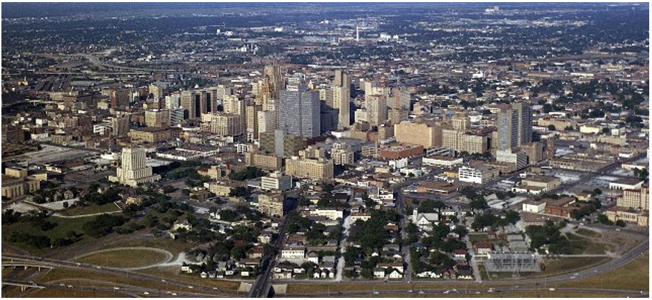 Houston’s downtown skyline in 1959. Credits: Image courtesy Sloane Gallery