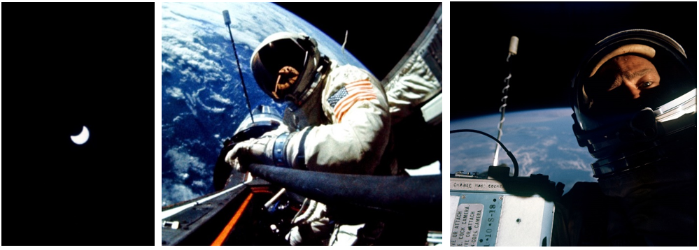 Left: Image of the solar eclipse taken from Gemini XII. Middle: During the first standup spacewalk, astronaut Edwin E. “Buzz” Aldrin installs a temporary handrail to the Agena while standing in the hatch of the Gemini XII spacecraft. Right: Aldrin pointed the camera at himself to take the first selfie during a spacewalk. Credits: NASA