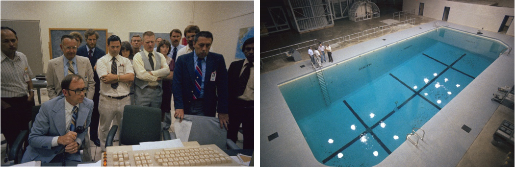 Left: Director of NASA’s Johnson Space Center Christopher C. Kraft, standing second from left, monitors the re-entry of the Skylab space station in July 1979; director of Flight Operations and future Johnson director George W.S. Abbey is at right. Right: In September 1980, Johnson’s nearly complete Weightless Environment Training Facility for training space shuttle astronauts for spacewalks. Credits: NASA