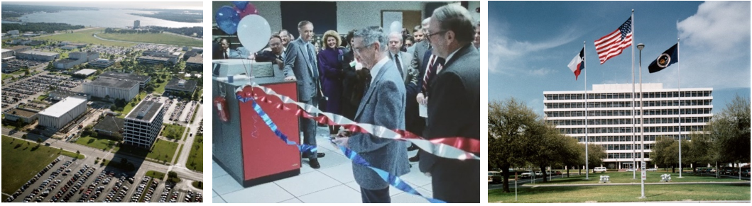 Left: Aerial view of NASA’s Johnson Space Center, showing Building 46, the Central Computing Facility, left of center, nearing completion in late 1988. Middle: Johnson Director Aaron Cohen cutting the ribbon to inaugurate the Central Computing Facility in Building 46 in February 1989. Right: New flagpoles installed outside Building 1 in March 1989. Credits: NASA