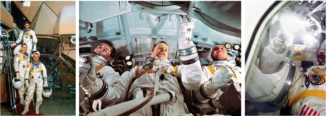 Left: The Apollo 1 crew of Virgil I. “Gus” Grissom, front, Edward H. White, and Roger B. Chaffee pose in front of the Apollo Mission Simulator (AMS) at NASA’s Kennedy Space Center in Florida. Middle: Grissom, left, White, and Grissom inside the AMS. Right: Chaffee, front, White, and Grissom as seen through one of the simulator’s windows. Credits: NASA