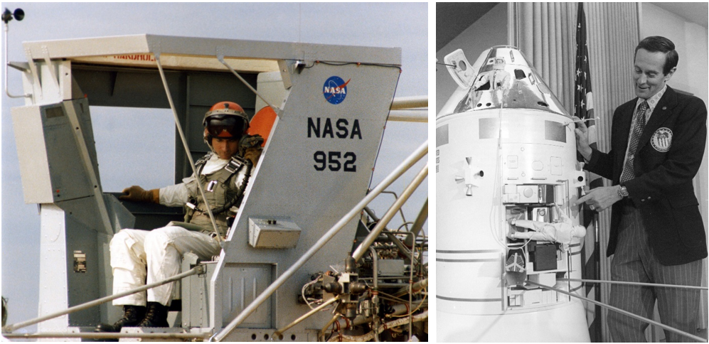 Left: Apollo 16 astronaut John W. Young trains for the descent to the Moon’s surface in the Lunar Landing Training Vehicle at Ellington Air Force Base. Right: During a press conference, Apollo 16 astronaut Charles M. Duke uses a model of the Apollo spacecraft to demonstrate how he will assist fellow crew member Thomas K. Mattingly during a deep-space spacewalk to retrieve film canisters from the Scientific Instrument Module bay. Credits: NASA