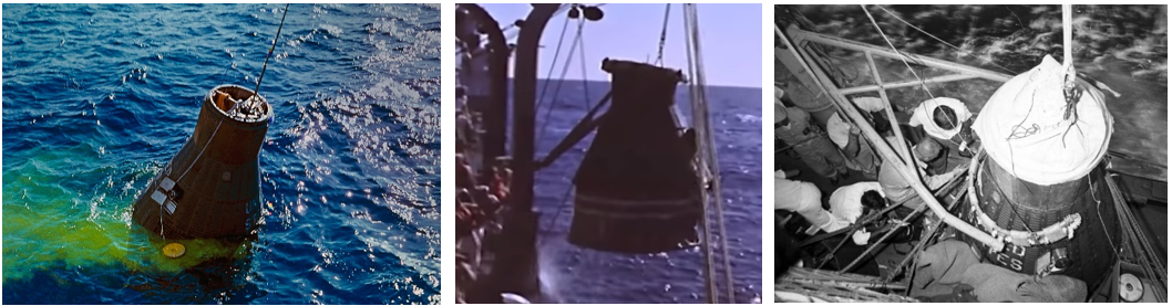 Left: Friendship 7, with astronaut John H. Glenn inside, a few minutes after splashdown. Middle: Sailors aboard the destroyer U.S.S. Noa lift Friendship 7, with Glenn still aboard, onto the ship — the deployed landing bag visible at the bottom of the capsule. Right: Aboard the Noa, after removing his spacesuit, Glenn, center, inspects his Friendship 7 capsule. Credits: NASA