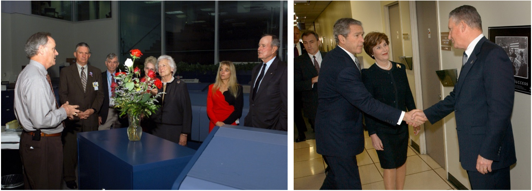 Left: In the Mission Control Center, director of NASA’s Johnson Space Center in Houston Jefferson D. Howell, second from left, welcomes former President George H.W. Bush and former First Lady Barbara Bush two days after the STS-107 Columbia accident. Right: Howell greets President George W. Bush and First Lady Laura Bush before the ceremony honoring the STS-107 Columbia crew. Credits: NASA