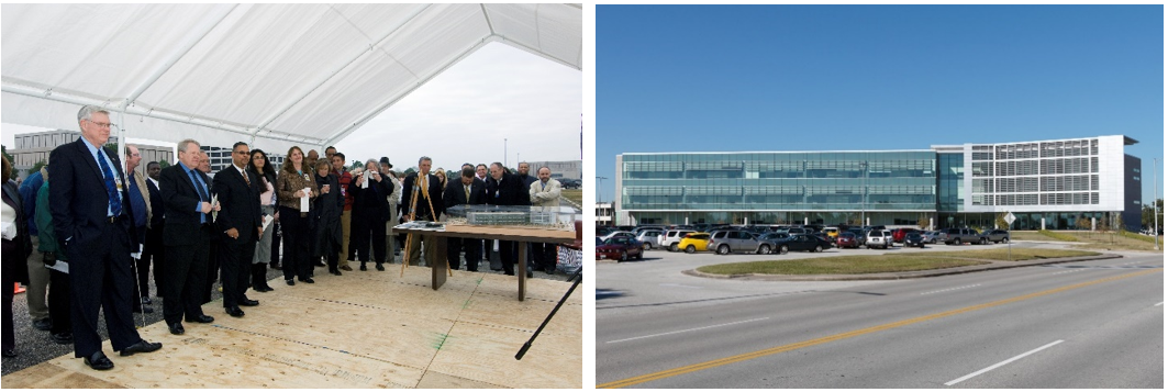 Left: In January 2008, director of NASA’s Johnson Space Center in Houston Michael L. Coats attends the ground-breaking ceremony for the center’s new Building 20. Right: Building 20 at its completion in November 2010. Credits: NASA