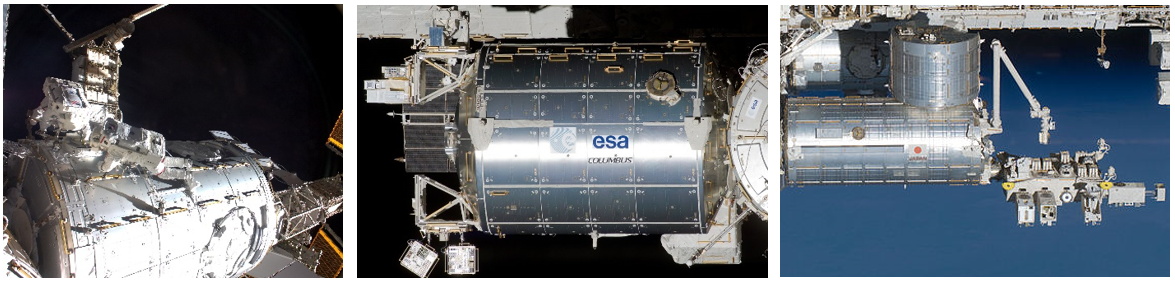 Addition of the International Partner modules. Left: The Harmony Node 2 module provided needed berthing ports. Middle: The ESA Columbus module. Right: The Japanese Kibo elements.