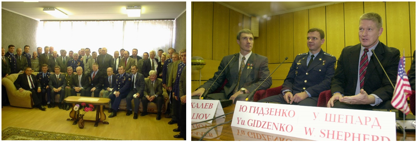 Left: The Expedition 1 prime and backup crews pose with the State Commission after it officially named Shepherd, Gidzenko, and Krikalev as the crew who would fly the mission. Right: From left, Krikalev, Gidzenko, and Shepherd report to the State Commission that confirmed them as the Expedition 1 crew.  Credits: NASA/Bill Ingalls