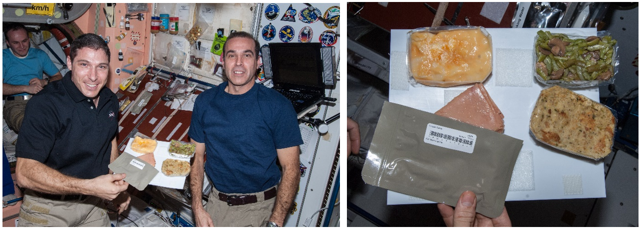 Thanksgiving 2013. Left: Expedition 38 astronauts Michael S. Hopkins, left, and Richard A. Mastracchio show off food items destined for Thanksgiving dinner. Right: Closeup of Thanksgiving dinner items, including turkey, ham, macaroni and cheese, green beans and mushrooms, and dressing. Credits: NASA