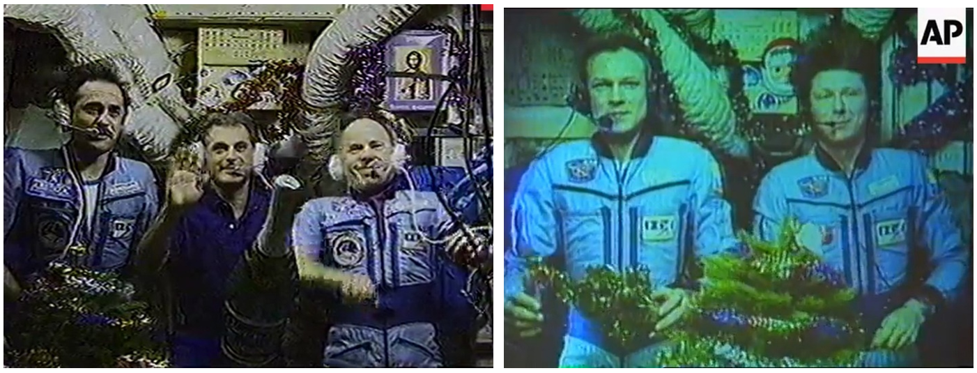 The last two New Year’s Eve messages from Mir. Left: Mir 24 crew of Pavel V. Vinogradov, left, David A. Wolf, and Anatoli Y. Solovyev in 1997. Right: Mir 26 crew of Sergei V. Avdeyev, left, and Gennadi I. Padalka in 1998. It was the third time Avdeyev rang in the New Year in space.