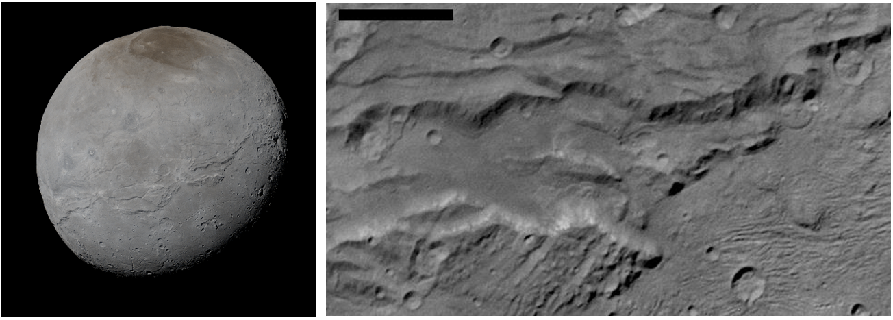 Left: A true-color image of Pluto’s large moon Charon taken from 46,091 miles away. Right: Close-up image of Charon’s surface, showing evidence of past landslides. Credits: NASA/Johns Hopkins University Applied Physics Laboratory/Southwest Research Institute