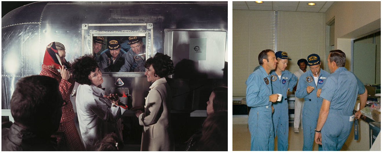 Left: From inside the MQF, Apollo 14 astronauts Alan B. Shepard, left, Edgar D. Mitchell, and Stuart A. Roosa greet their wives Louise Shepard, left, Joan Roosa, and Louise Mitchell upon their arrival at Ellington Air Force Base in Houston. Right: Shepard, left, Roosa, and Mitchell after their arrival in the LRL at the MSC. Credits: NASA