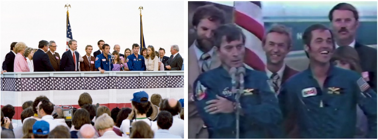 Left: In blue flight suits, STS-1 astronauts Robert L. Crippen, left, and John W. Young address the crowd from the podium at Ellington Air Force Base near NASA’s Johnson Space Center in Houston. Right: Young, left, addressing the crowd at Ellington as Crippen reacts to a joke, with the three STS-1 flight directors (Neil B. Hutchinson, left, Charles R. “Chuck” Lewis, and Donald R. Puddy) standing behind them. Credits: NASA