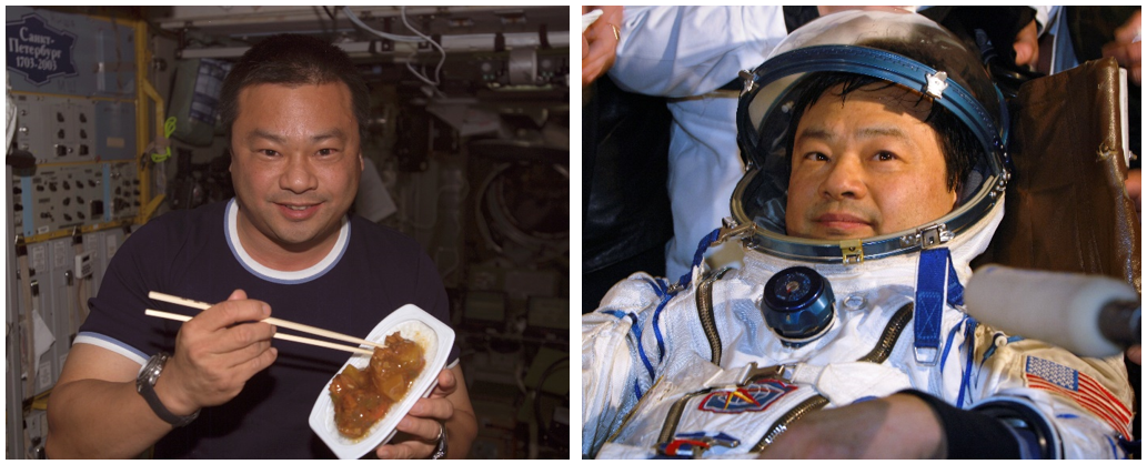 Left: NASA astronaut Leroy Chiao enjoys a meal aboard the space station. Right: Chiao shortly after landing back on Earth. Credits: NASA