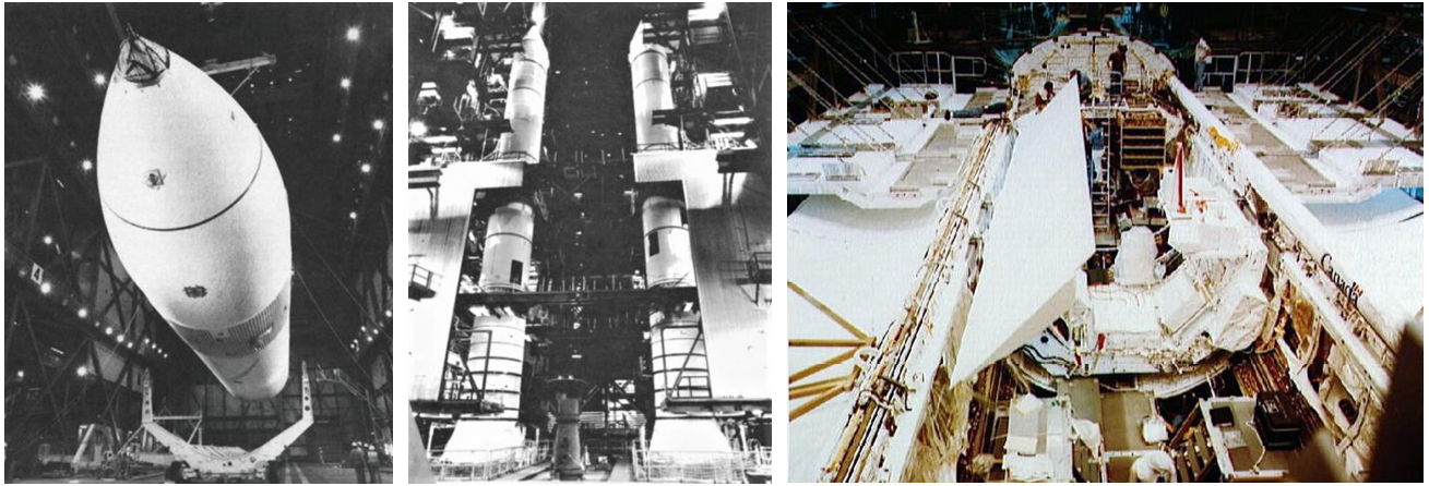 Left: The external tank for the STS-2 mission shortly after its arrival in the Vehicle Assembly Building (VAB) at NASA’s Kennedy Space Center in Florida. Middle: The solid rocket boosters stacked on the mobile launch platform inside the VAB. Right: In the Orbiter Processing Facility, the OSTA-1 payload and the Canadian-built remote manipulator system are installed in Columbia’s payload bay. Credits: NASA