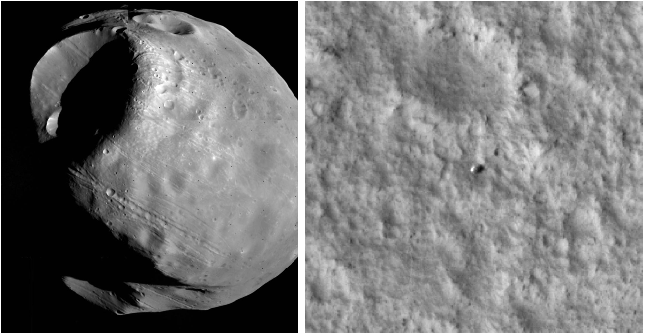 Left: Mosaic of images of the Martian moon Phobos taken by the Viking 1 orbiter. Right: Image of the Viking 1 lander taken by the Mars Reconnaissance Orbiter in 2006. Credits: NASA