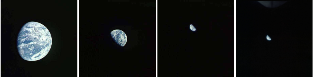 Successive views of the receding Earth as Apollo 15 makes its way to the Moon, from 17,940 miles shortly after separation from the third stage, left, 54,900 miles, 144,900 miles, and 206,000 miles.