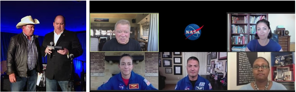 Left: In 2014, Star Trek cast member William Shatner, left, receiving the Distinguished Public Service Medal from NASA Deputy Associate Administrator for Communications Robert N. “Bob” Jacobs. Right: Shatner, upper left, moderates a virtual panel at the 2020 San Diego ComicCon with NASA Spacesuit Engineer Lindsay T. Aitchison, upper right, NASA astronauts Nicole A. Mann, lower left, and Kjell N. Lindgren, and NASA technology expert LaNetra C. Tate. Credits: NASA