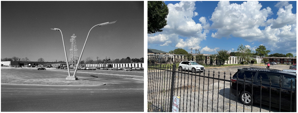 Left: The largest of the facilities, the Site 5 complex on the Gulf Freeway, including the Stahl & Myers Building and the Houston Petroleum Center Buildings, housed the Flight Operations Division of the Manned Spacecraft Center. Right: Most of the complex has been demolished, with only one building remaining at 6001 Gulf Freeway.