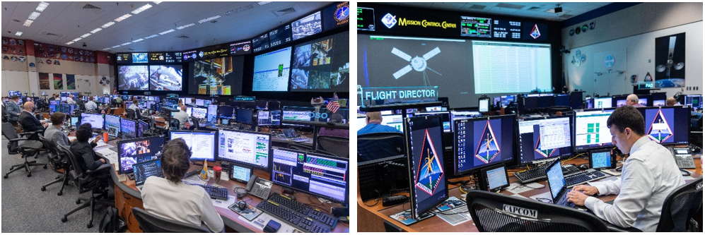 Left: Flight controllers monitor a spacewalk on the space station from the Flight Control Room-1 (FCR-1) in September 2021. Right: Controllers conduct a simulation of the Artemis 1 mission in the White FCR in June 2021.