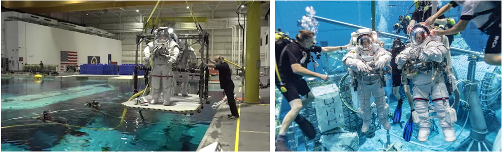 Left: Expedition 66 NASA astronaut Kayla Barron, left, and ESA (European Space Agency) astronaut Luca S. Parmitano as they are about to be lowered into the water in the Neutral Buoyancy Laboratory (NBL) in October 2020. Right: NASA astronauts Stephen G. Bowen, left, wearing an Extravehicular Mobility Unit spacesuit, and Zena M. Cardman in a prototype Z-2.5 spacesuit in the NBL in July 2021. Credits: NASA