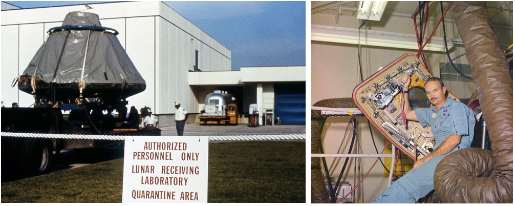 Left: The Apollo 11 Command Module Columbia arrives at the LRL, with the Mobile Quarantine Facility still docked to the building. Credits: Tiziou News Service. Right: In the LRL’s CRA, Apollo 11 astronaut Michael Collins sits in Columbia’s hatch. Credits: NASA