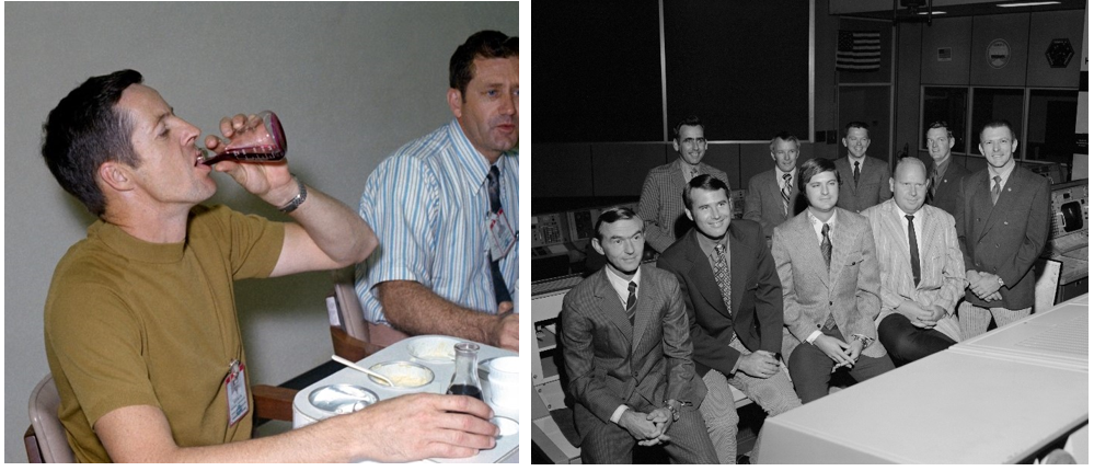 Left: Future Skylab astronaut Joseph P. Kerwin, left, taste testing proposed food and drink items for Skylab, as fellow astronaut William R. Pogue looks on. Right: Posing in the Mission Operations Control Room at MSC are four deputy flight directors named for the Skylab program. Seated in the front row are Charles R. Lewis, left, Donald R. Puddy, Neil B. Hutchinson, and Philip C. Shaffer. Also in the photograph are Chief of the Flight Control Division Eugene F. Kranz, far right, and in the back row, Flight Directors Milton L. Windler, left, Gerald D. Griffin, M.P. “Pete” Frank, and Glynn S. Lunney. Credits: NASA