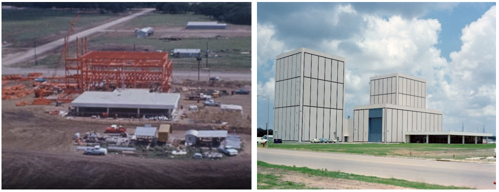 Left: Construction of Building 49 in August 1964. Right: Construction of Building 49 nearly complete in June 1965. Credits: NASA