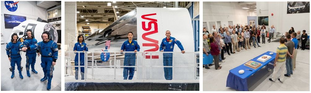 Left: The original crew of the Boeing Starliner Crew Flight Test mission, NASA astronauts Nicole A. Mann, left, Christopher J. Ferguson, and E. Michael Fincke pose in front of the Starliner simulator in the Space Station Training Facility (SSTF) in August 2019. Middle: NASA astronauts Stephanie D. Wilson, left, Jonny Kim, and Randolph J. Bresnik stand in front of the Orion simulator in December 2020. Right: A cake-cutting ceremony in the SSTF high bay for the Expedition 63 crew in October 2019. Credits: NASA