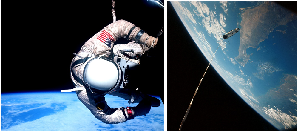 Left: Gemini XII astronaut Edwin E. “Buzz” Aldrin during the umbilical spacewalk. Right: The Agena XII target vehicle attached to Gemini XII by a 100-foot tether. Credits: NASA