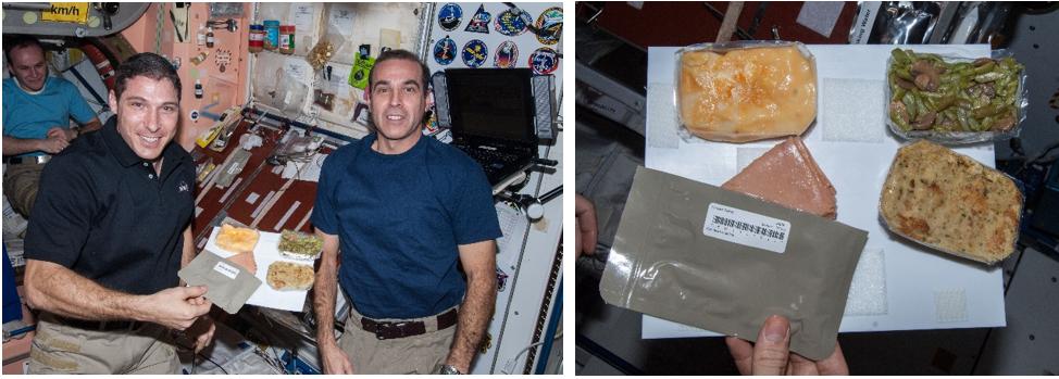 Thanksgiving 2013. Left: Expedition 38 NASA astronauts Michael S. Hopkins, left, and Richard A. Mastracchio show off food items destined for the Thanksgiving Day dinner. Right: Closeup of the Thanksgiving dinner items, including turkey, ham, macaroni and cheese, green beans and mushrooms, and dressing. Credits: NASA